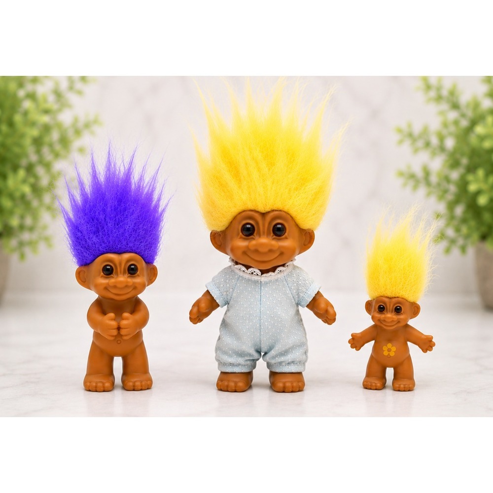 Vintage 1991 Troll Doll Lot 3pc 5" 3" Yellow Purple Hair TNT Russ w/ Outfit